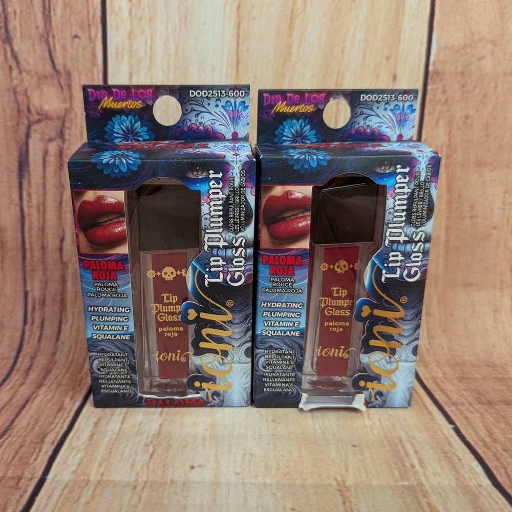 2 PK Ioni Dia De Los Muertos Lip Plumper Gloss Paloma Roja Red HTF